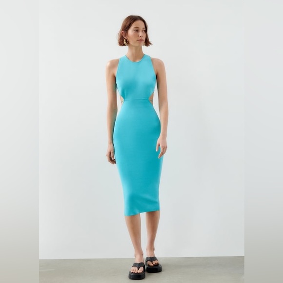 ZARA Turquoise Blue Bandage Knit Cross Open Back Midi Maxi Dress - Picture 6 of 17